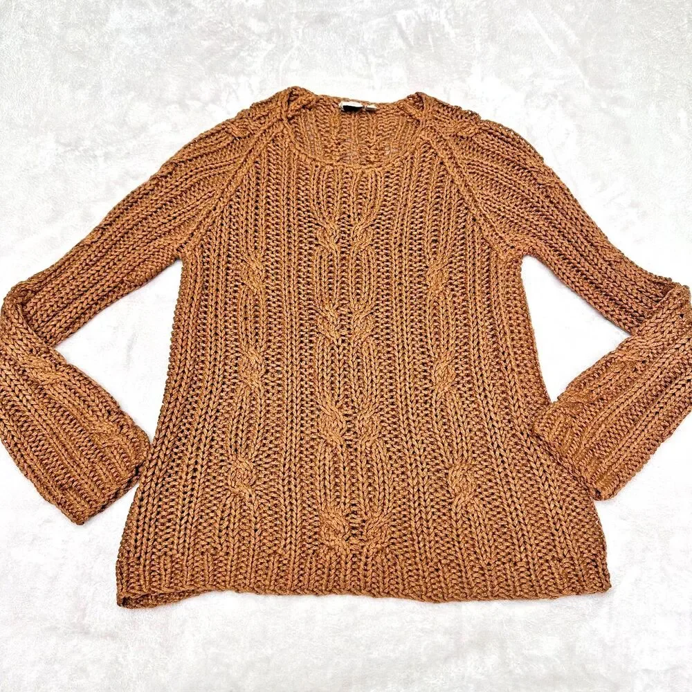 Vintage Anne Klein 90s Linen Blend Cable Knit Fisherman Sweater Camel SzM